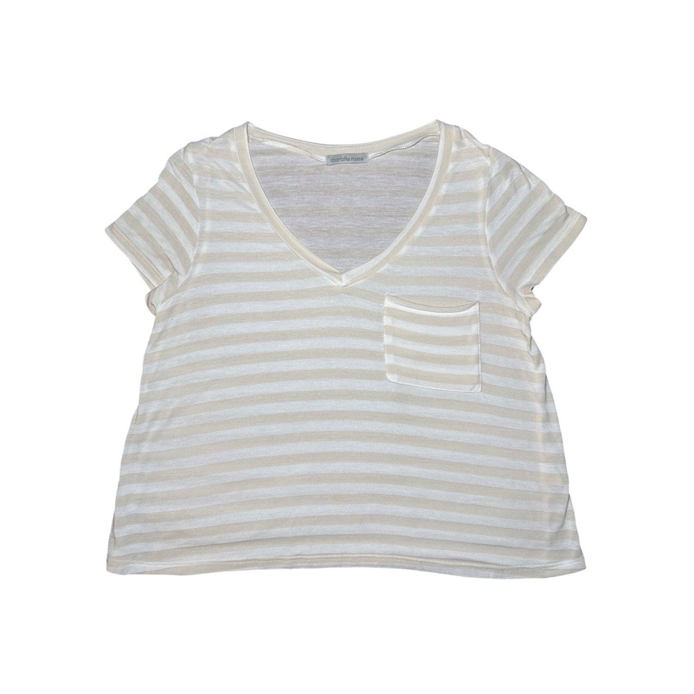Charlotte Russe V-Neck Pocket T-Shirt Womens Medium Striped Tan